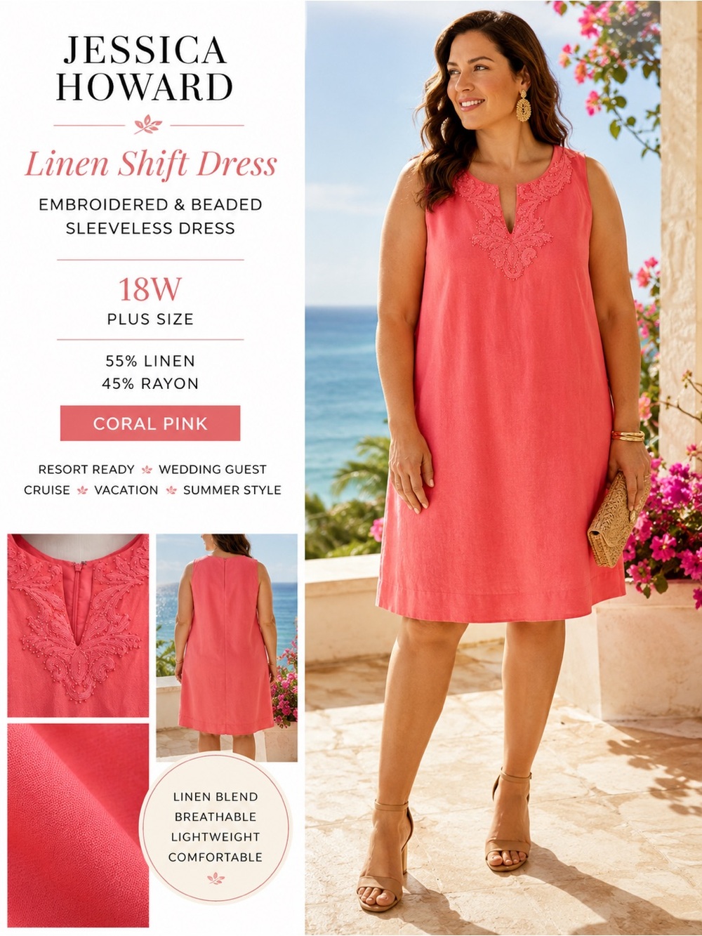 Jessica Howard Coral Pink Linen Blend Embroidered Shift Dress 18W Plus SZ Resort